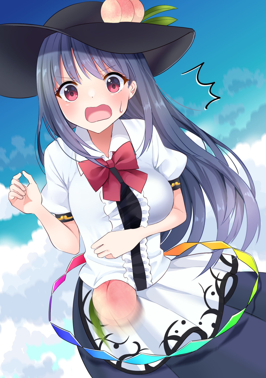 1girl absurdres bangs black_headwear blue_hair blue_skirt blue_sky blush bow bowtie clouds cloudy_sky collared_shirt commentary_request eyebrows_visible_through_hair flying food frills fruit hair_between_eyes hands_up hat highres hinanawi_tenshi leaf long_hair looking_to_the_side nervous open_mouth peach pink_eyes puffy_short_sleeves puffy_sleeves rainbow red_bow red_bowtie shirt short_sleeves skirt sky solo stigma1101 touhou white_shirt