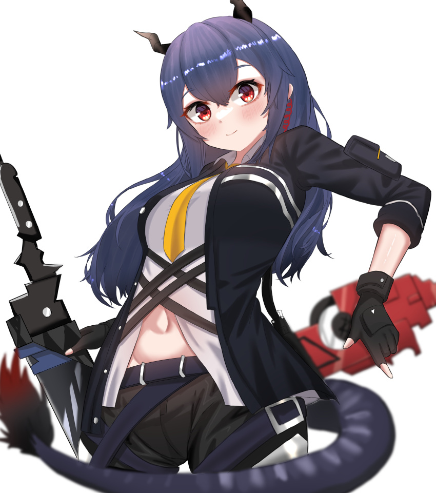 1girl absurdres arknights black_jacket black_shorts blue_hair blush ch'en_(arknights) chewycandy chi_xiao_(arknights) cowboy_shot dragon_girl dragon_horns dragon_tail groin highres holding holding_sword holding_weapon horns jacket long_hair looking_at_viewer midriff navel necktie open_clothes open_jacket red_eyes shirt shorts simple_background smile solo sword tail weapon white_background white_shirt yellow_necktie