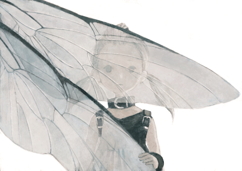 1girl bare_shoulders black_collar black_dress blonde_hair collar dress fio_(nier) gu_(goodnight) hair_pulled_back holding insect_wings long_hair looking_at_viewer low_twintails nier_(series) nier_reincarnation simple_background sleeveless sleeveless_dress solo straight-on transparent_wings twintails upper_body white_background white_hair wings