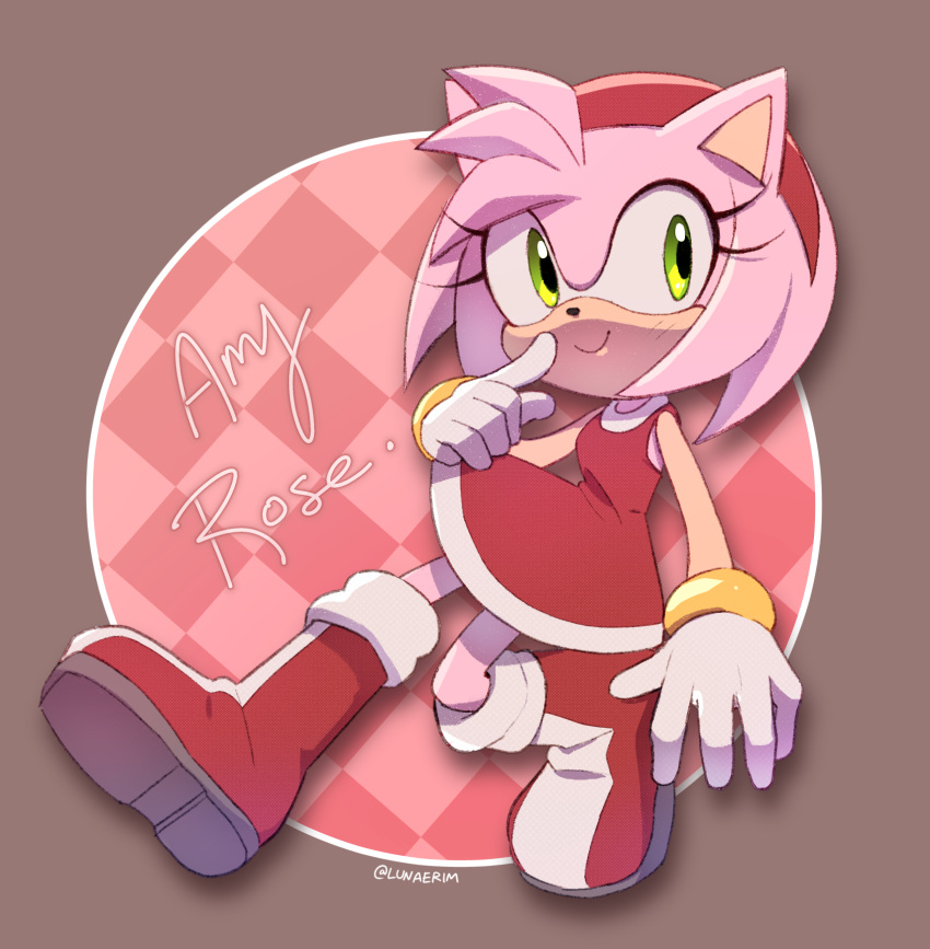 1girl amy_rose boots bracelet dress furry furry_female gloves green_eyes hairband highres jewelry lunaerim red_dress red_footwear red_hairband smile solo sonic_(series) twitter_username white_gloves