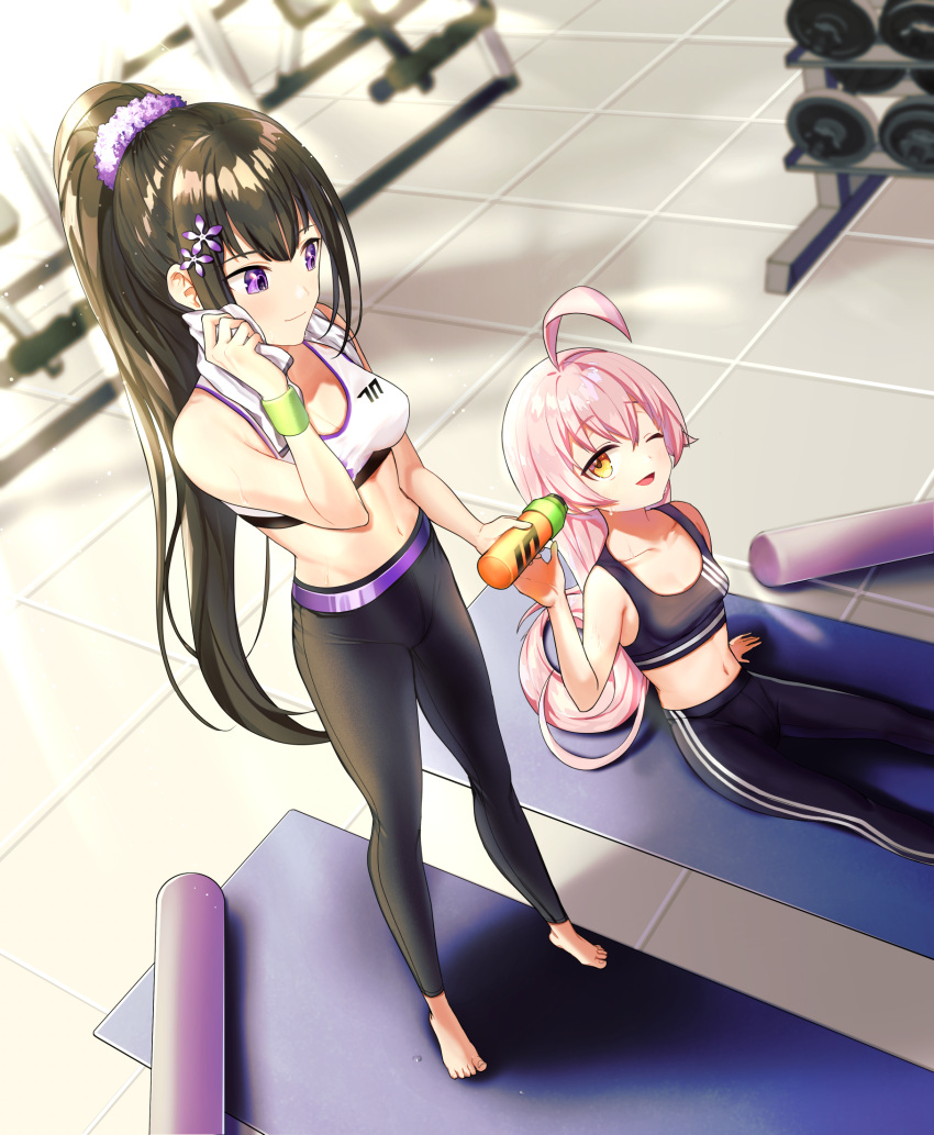 2girls black_hair bloomers blue_archive dripping gym hairpin hoshino_(blue_archive) indoors logo looking_at_another navel one_eye_closed pink_hair ponytail purple_eyes shadow short_hair sitting smile sports_bra sportswear standing stomach sumire_(blue_archive) sweat towel towel_around_neck very_long_hair water_bottle yellow_eyes yoga_mat