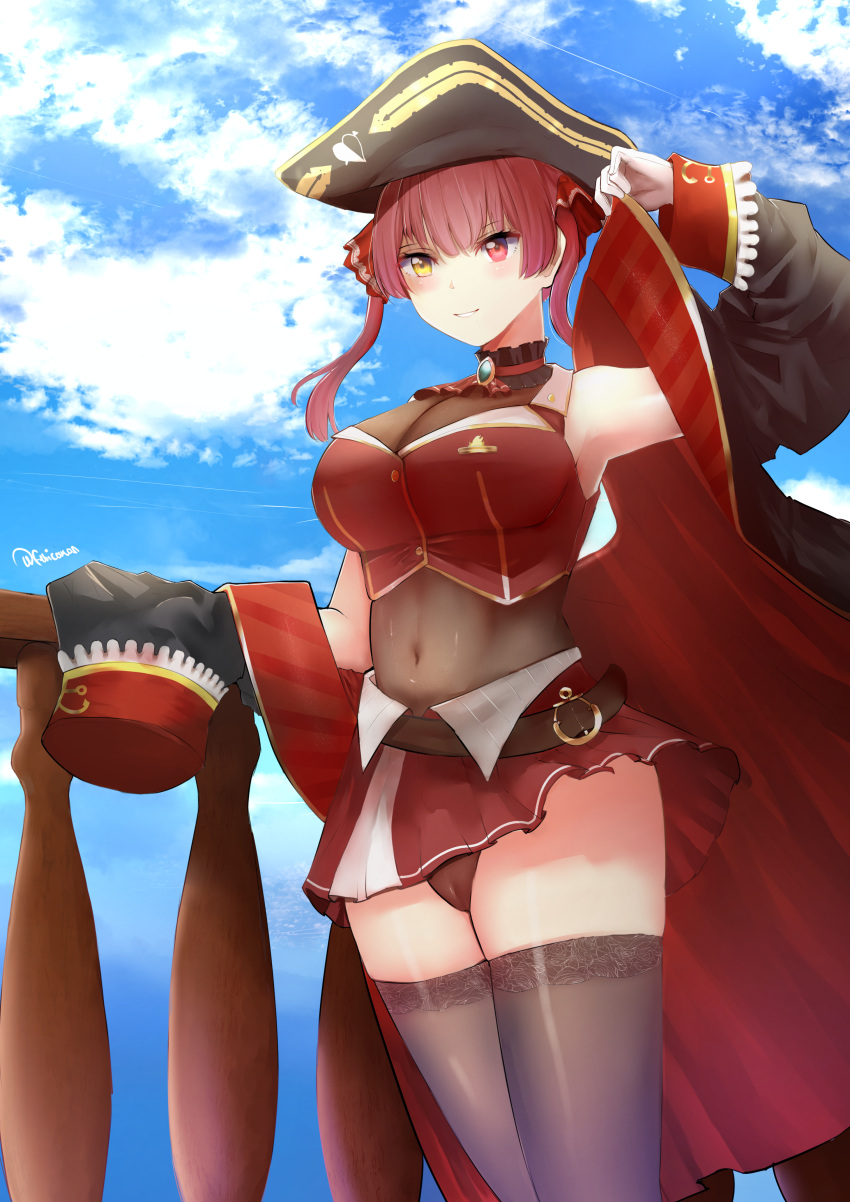 1girl absurdres artist_name ascot belt bicorne black_coat black_headwear black_legwear blue_sky breasts brown_belt choker clouds coat febicoron frilled_choker frills gloves hair_ribbon hat heterochromia highres hololive houshou_marine lace-trimmed_legwear lace_trim large_breasts leather_belt leotard leotard_under_clothes long_hair microskirt midriff pirate_hat pleated_skirt red_ascot red_eyes red_ribbon red_skirt redhead ribbon see-through see-through_leotard skirt sky sleeveless sleeveless_jacket solo standing thigh-highs twintails white_gloves yellow_eyes zettai_ryouiki