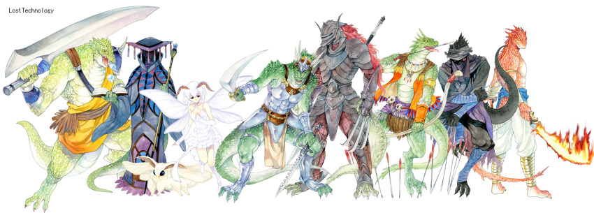 1girl 1other 6+boys agahari ambiguous_gender antennae arm_guards arm_wrap armor armored_boots arrow_(projectile) arthropod_girl barefoot between_fingers black_pants book boots bow_(weapon) breastplate burning carrying_over_shoulder character_request claw_(weapon) copyright_name covered_mouth creature detached_sleeves dress dual_wielding fang_necklace faulds fighting_stance flaming_sword flaming_weapon full_armor full_body hat hat_ornament helmet highres holding holding_arrow holding_book holding_bow_(weapon) holding_knife holding_polearm holding_staff holding_sword holding_weapon insect_wings knife legs_apart licking lizardman long_sleeves looking_at_viewer lost_technology moth_girl multiple_boys non-web_source open_book pants pauldrons polearm red_eyes robe sash shin_guards short_dress short_hair_with_long_locks shoulder_armor simple_background single_pauldron skull skull_necklace sleeveless spikes squatting staff standing standing_on_one_leg sword tassel throwing_knife toeless_legwear tongue tongue_out topless_male vambraces vest weapon white_background white_dress white_hair white_pants wide_sleeves wings yellow_eyes