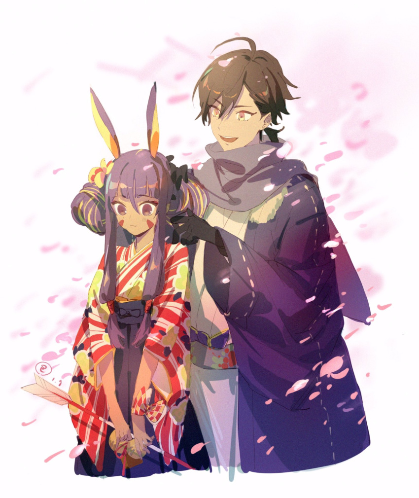 1boy 1girl ahoge alternate_costume alternate_hairstyle animal_ears arrow_(projectile) bangs bow brown_hair cherry_blossoms commentary dark-skinned_female dark-skinned_male dark_skin e_(h798602056) earrings facial_mark fate/grand_order fate_(series) fur_trim gloves hands_on_another's_head highres holding holding_arrow jackal_ears japanese_clothes jewelry kimono long_hair looking_at_another looking_away looking_down nitocris_(fate) ozymandias_(fate) petals purple_hair short_hair smile very_long_hair violet_eyes yellow_eyes