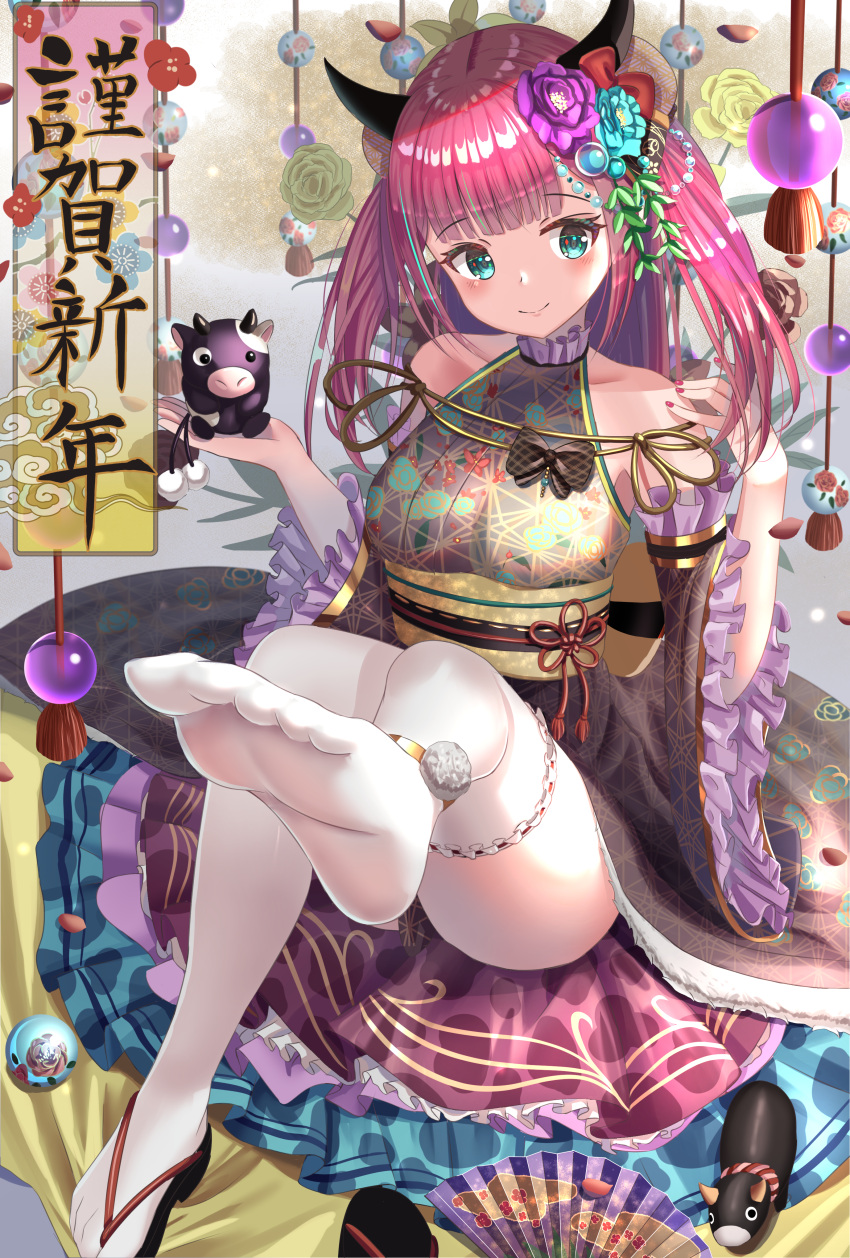 1girl absurdres anklet aqua_eyes bangs chinese_zodiac closed_mouth commentary cow detached_sleeves dress eyebrows_visible_through_hair feet flower frilled_sleeves frills grey_dress hair_flower hair_ornament halterneck happy_new_year highres horns japanese_clothes jewelry leg_up legs looking_at_viewer medium_hair new_year original redhead sandals short_dress sitting smile soles solo thigh-highs translated wanderlucia white_legwear year_of_the_ox