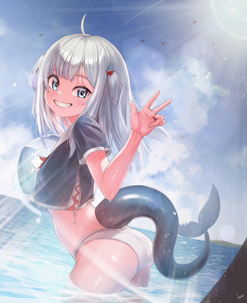 1girl 5ent_(bullbug) absurdres ahoge ass ball bangs blue_eyes fish_tail gawr_gura grey_hair grin highres holding holding_ball hololive hololive_english lens_flare medium_hair panties partially_submerged shark_tail short_sleeves smile tail two_side_up underwear virtual_youtuber w wet