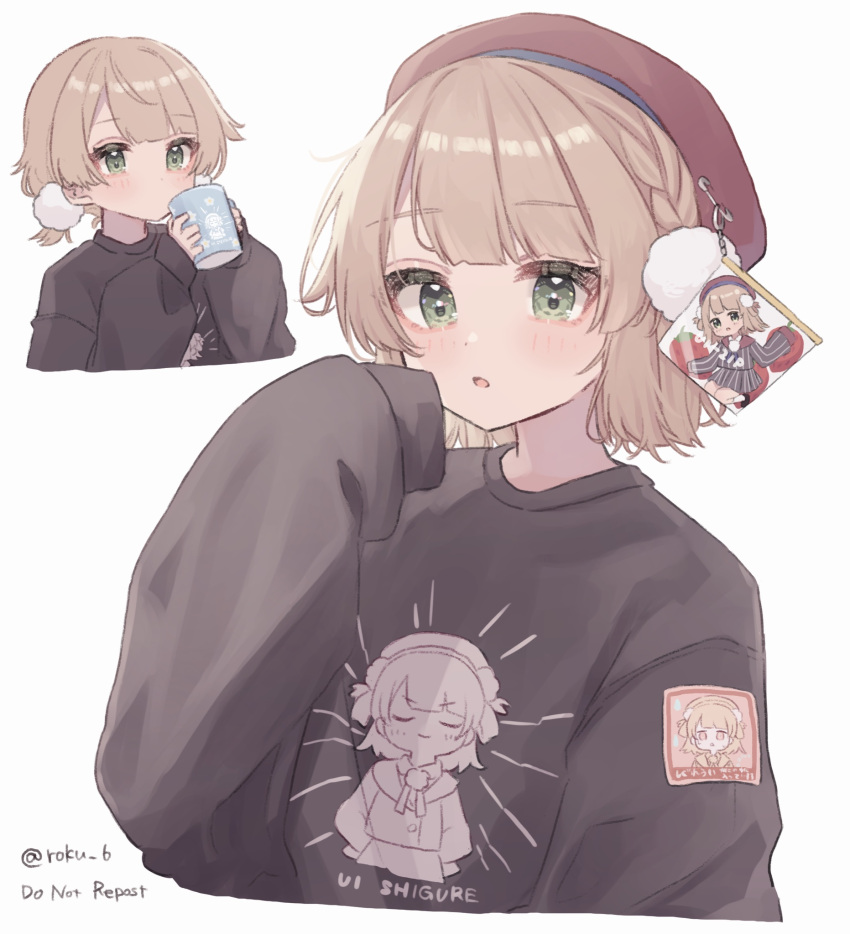 1girl bangs beret black_sweater blush braid character_print charm_(object) commentary_request cropped_torso cup drinking green_eyes hair_ornament hat highres indie_virtual_youtuber light_brown_hair long_sleeves looking_at_viewer mug multiple_views pom_pom_(clothes) pom_pom_hair_ornament red_headwear roku_6 safety_pin shigure_ui_(vtuber) short_hair sidelocks simple_background sweater upper_body uwu virtual_youtuber white_background