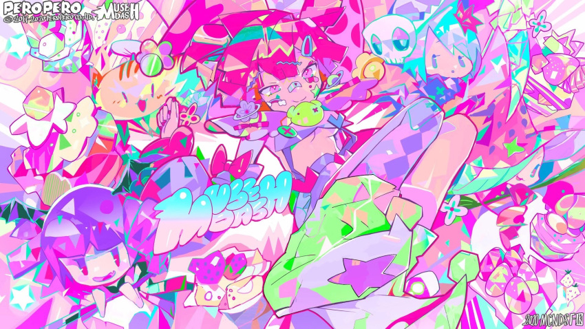4girls bandaid bandaid_on_face bandaid_on_nose breasts burou_(muse_dash) cake cat daiyeshen demon_girl fairy flower food fruit hair_ornament hairclip highres looking_at_viewer medium_breasts multiple_girls muse_dash nail_polish navel official_art pink_hair pink_nails rainbow shoes short_hair skull smile star_(symbol) sticker strawberry suspenders twintails under_boob