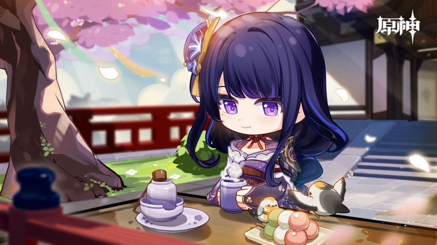 1girl bangs bird braid braided_ponytail bridal_gauntlets cherry_blossoms chibi closed_mouth clouds cloudy_sky commentary copyright_name cup dango day dish english_commentary food genshin_impact hair_ornament highres holding holding_cup japanese_clothes kimono long_hair mole mole_under_eye obi official_art outdoors petals plate purple_hair purple_kimono raiden_shogun sash sky steam sunlight tree violet_eyes wagashi