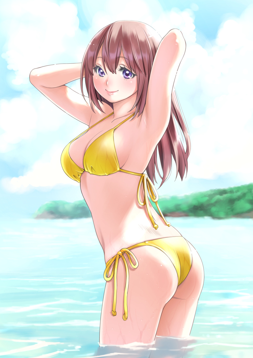 1girl absurdres armpits arms_behind_head arms_up ass bangs bikini blush breasts brown_hair day highres lips long_hair looking_at_viewer macosee medium_breasts original outdoors revision side-tie_bikini smile solo standing string_bikini sunlight swimsuit twisted_torso violet_eyes wading water wet yellow_bikini