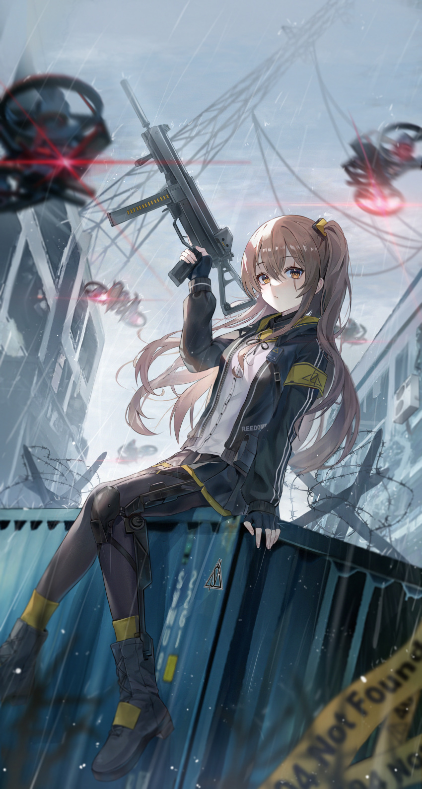 1girl :/ absurdres air_conditioner barbed_wire black_legwear brown_hair building drone eyebrows_visible_through_hair flat_chest girls_frontline gun h&amp;k_ump h&amp;k_ump45 hair_between_eyes highres holding holding_gun holding_weapon jacket long_hair looking_at_viewer mrr_05 one_side_up pantyhose rain scar scar_across_eye scar_on_face shipping_container shirt sidelocks sitting solo submachine_gun transmission_tower ump45_(girls'_frontline) unzipped weapon white_shirt yellow_eyes