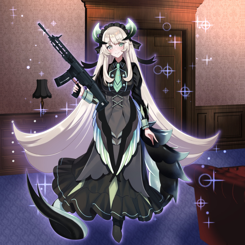 1girl black_dress breasts chamber_dragonmaid closed_mouth dragon_girl dragon_tail dress duel_monster full_body fuyuki_(neigedhiver) grey_eyes gun heterochromia highres holding holding_gun holding_weapon howa_type_20 indoors long_dress long_hair long_sleeves maid necktie smile solo tail very_long_hair weapon white_hair wings yu-gi-oh!
