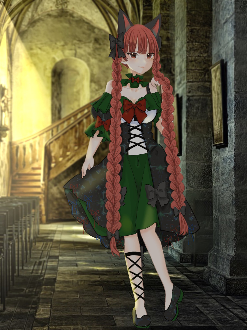 1girl absurdly_long_hair adapted_costume animal_ears ao_orin_ringo bangs bare_shoulders black_bow black_ribbon blunt_bangs bow braid breasts cat_ears cat_tail closed_mouth corset dress dress_bow extra_ears eyebrows_behind_hair frills full_body green_dress hair_bow hair_ribbon highres kaenbyou_rin leg_ribbon light_blush light_smile long_hair looking_at_viewer medium_breasts multiple_tails nekomata off-shoulder_dress off_shoulder red_bow red_eyes redhead ribbon solo standing tail touhou tress_ribbon twin_braids twintails two_tails very_long_hair