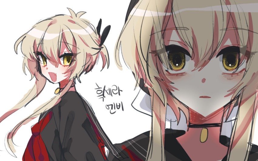 1boy black_serafuku blonde_hair blush bob_cut bow choker coin_(ornament) crossdressing envy_elika_(koyashaka) hair_bow koyashaka looking_at_viewer male_focus original otoko_no_ko pale_skin school_uniform serafuku smile solo white_background yellow_eyes