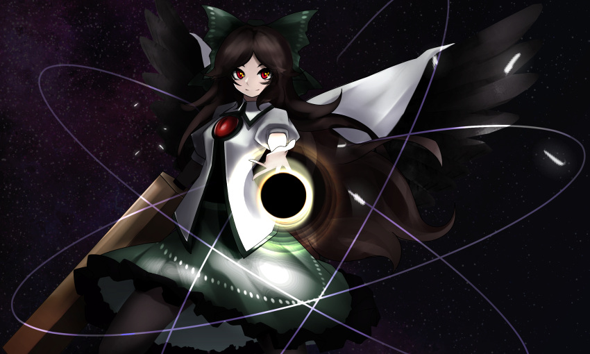 1girl arm_cannon bangs bird_wings black_hole black_legwear black_wings bow brown_hair cape closed_mouth collared_shirt cowboy_shot eyebrows_behind_hair feathered_wings frilled_skirt frills green_bow green_skirt hair_bow highres inoshin_(inixia1748) long_hair looking_at_viewer open_hand outstretched_arm pantyhose parted_bangs radiation_symbol red_eyes reiuji_utsuho shirt skirt smile solo third_eye touhou weapon white_cape white_shirt wings