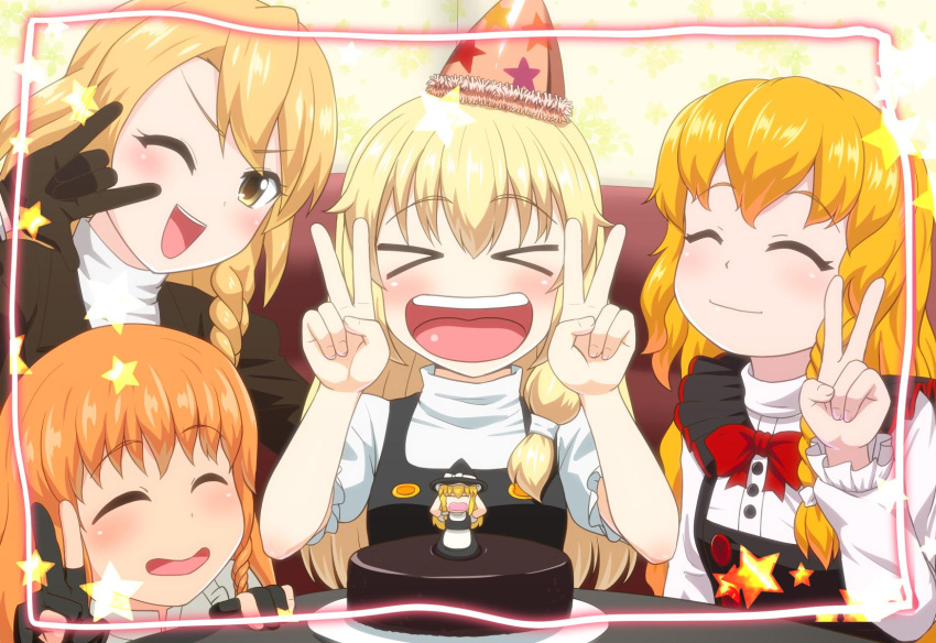 &gt;_&lt; 4girls :d \m/ azusa_(cookie) bangs black_gloves black_jacket black_vest blonde_hair bow bowtie braid cake chocolate_cake closed_eyes closed_mouth commentary_request cookie_(touhou) double_v eyebrows_visible_through_hair food gloves happy_birthday hat heisotsu_(ryofu) highres jacket kirisame_marisa long_hair long_sleeves looking_at_viewer mars_(cookie) multiple_girls one_eye_closed open_mouth partially_fingerless_gloves party_hat print_headwear red_bow red_bowtie rei_(cookie) shirt side_braid single_braid smile star_(symbol) star_print table touhou upper_body uzuki_(cookie) v vest white_shirt yellow_eyes