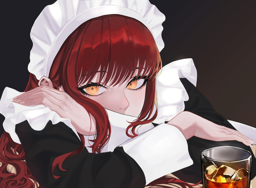 1girl alternate_costume alternate_hairstyle apron black_background black_dress chainsaw_man commentary covered_mouth crossed_arms cup dress enmaided eyebrows_visible_through_hair eyelashes hair_down highres ice ice_cube long_hair long_sleeves looking_at_viewer maid maid_headdress makima_(chainsaw_man) orange_eyes portrait redhead ringed_eyes sailen0 sidelocks simple_background solo white_apron