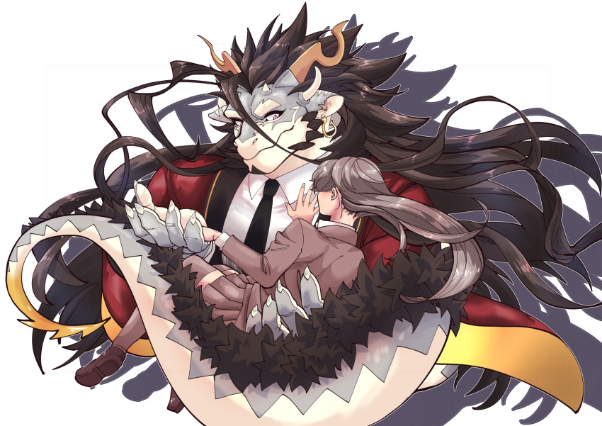 1boy 1girl bangs black_hair black_necktie carrying collared_shirt curled_horns dragon_boy dragon_horns dragon_tail earrings fingernails furry furry_male fuxi_(housamo) hair_between_eyes highres horns jewelry kizami_nori_to_yamaimo loafers long_hair looking_at_another master_2_(housamo) necktie princess_carry red_suit school_uniform sharp_fingernails shirt shoes size_difference skirt smile tail tokyo_afterschool_summoners violet_eyes white_background