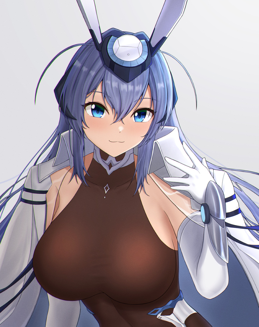 1girl :3 azur_lane bangs blue_eyes blue_hair bodystocking breasts cesvelox closed_mouth coat coat_on_shoulders commentary covered_collarbone crossed_bangs dress elbow_gloves eyebrows_behind_hair eyebrows_visible_through_hair gloves hair_between_eyes hair_intakes hand_up headgear highres large_breasts long_hair looking_at_viewer new_jersey_(azur_lane) side_cutout sidelocks simple_background smile solo standing taut_clothes vambraces very_long_hair white_background white_coat white_dress white_gloves