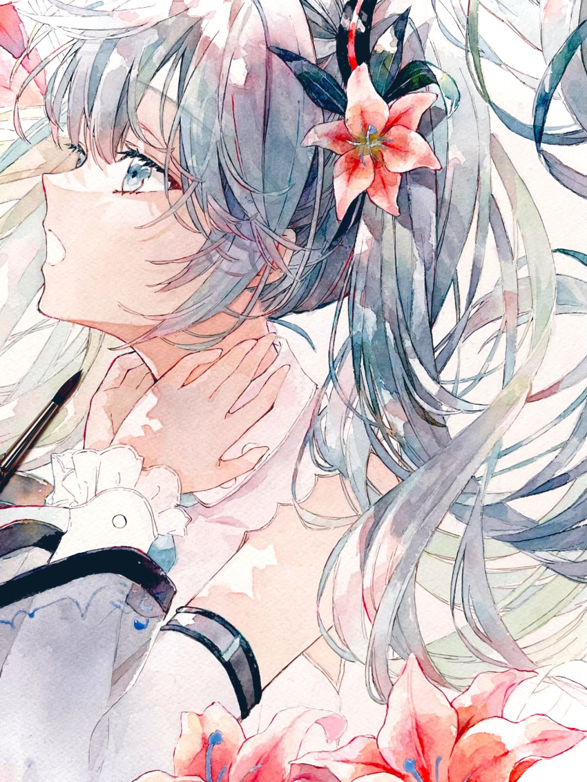 1girl bangs bare_shoulders blue_eyes blue_hair dappled_sunlight detached_sleeves dress eyebrows_visible_through_hair flower frilled_dress frills from_side hair_between_eyes hair_flower hair_ornament hands_on_own_neck hands_up hatsune_miku highres long_hair open_mouth pink_flower solo sunlight twintails unfinished upper_body vocaloid white_background white_sleeves yukoring
