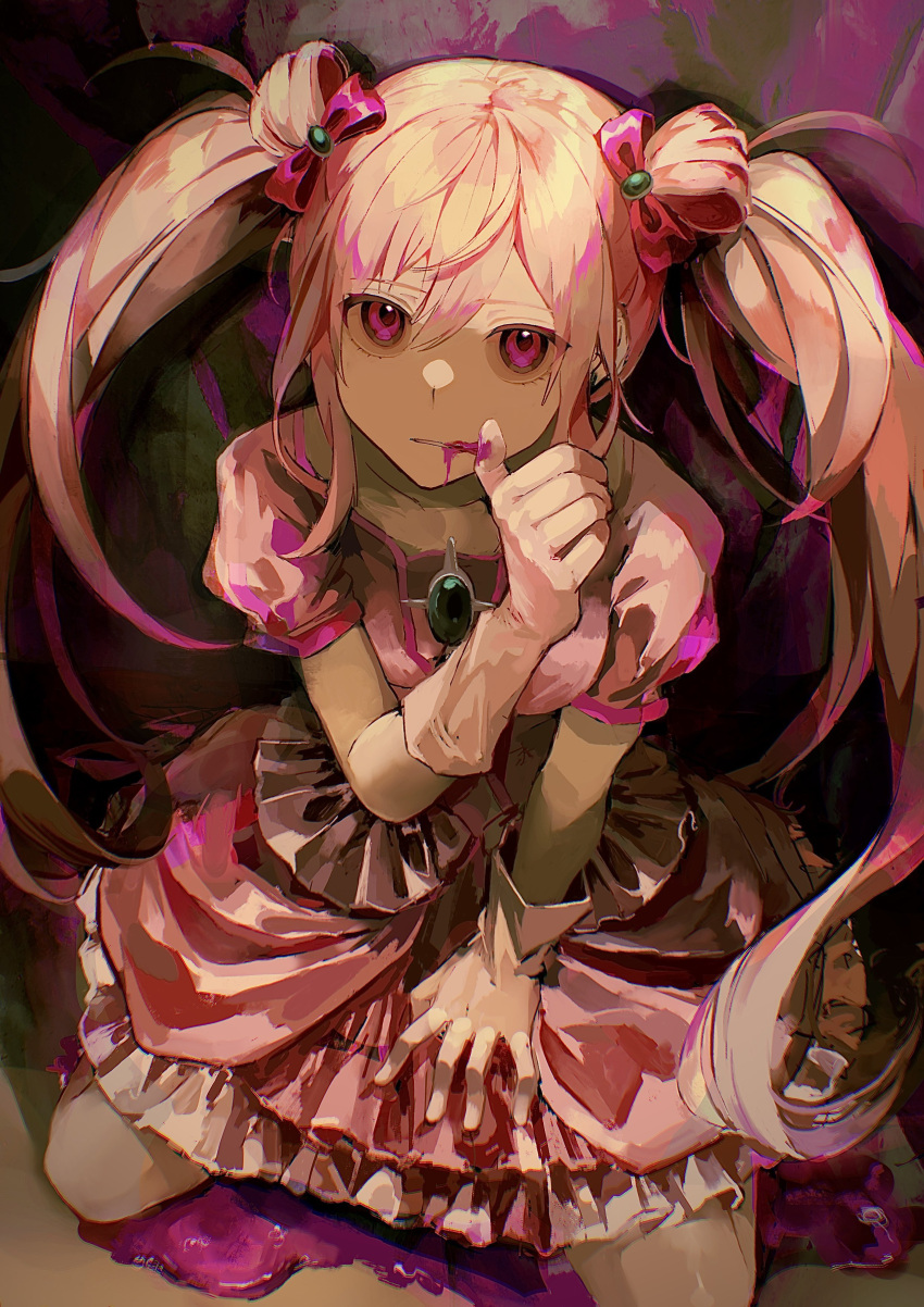 1girl absurdres bangs blood blood_from_mouth blood_on_face blood_on_ground bow breasts brooch collarbone commentary_request elbow_gloves frilled_skirt frills from_above gloves hair_between_eyes hand_up highres jewelry long_hair looking_at_viewer medium_breasts nowatari_hii pink_eyes pink_hair pink_shirt pink_skirt puffy_short_sleeves puffy_sleeves red_bow seiza shirt short_sleeves sitting skirt solo twintails white_gloves