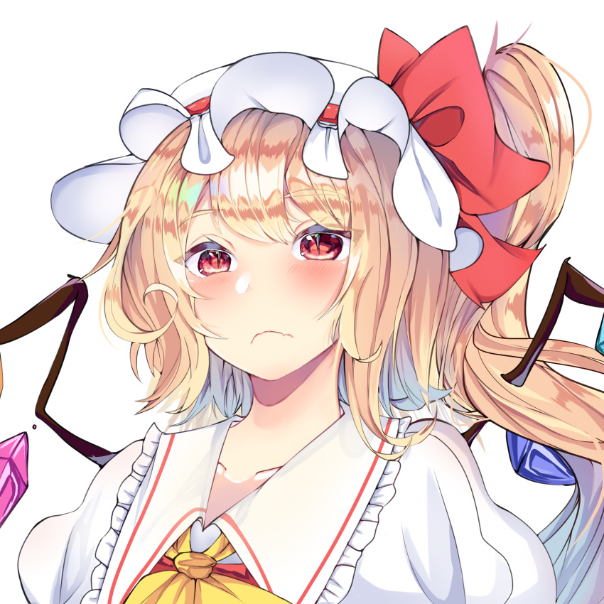 1girl ascot bangs blonde_hair blush bow closed_mouth collarbone crystal eyebrows_visible_through_hair flandre_scarlet frilled_shirt_collar frills frown hair_bow hat highres long_hair looking_at_viewer mob_cap one_side_up puffy_short_sleeves puffy_sleeves red_bow short_sleeves simple_background slit solo touhou upper_body white_background white_headwear wings yellow_ascot yyghh_ii