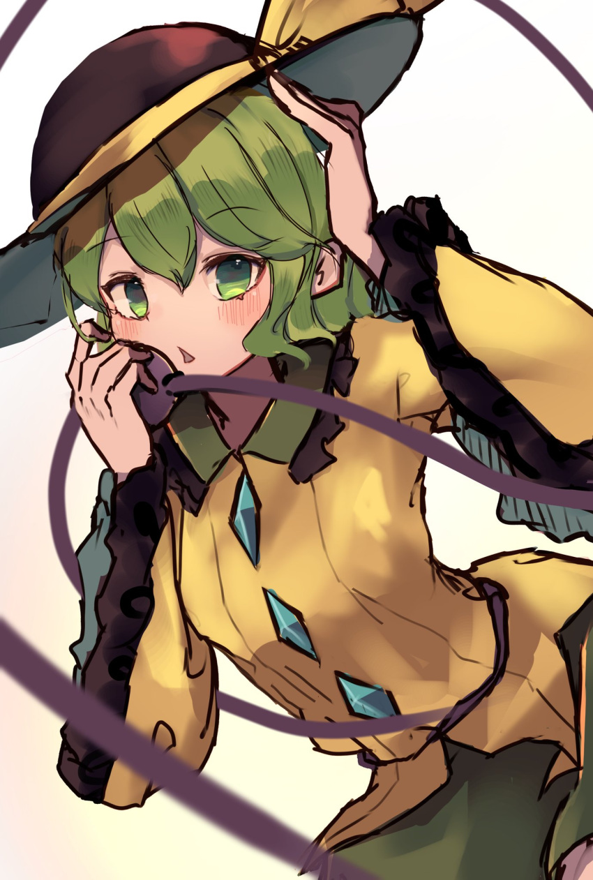 1girl adjusting_clothes adjusting_headwear black_headwear blouse blush buttons commentary cowboy_shot diamond_button eyebrows_visible_through_hair frilled_shirt_collar frilled_sleeves frills green_eyes green_hair green_skirt hair_between_eyes hands_up hat hat_ribbon highres holding komeiji_koishi kurowa_(curowa) long_sleeves looking_at_viewer medium_hair one-hour_drawing_challenge open_mouth ribbon simple_background sketch skirt solo third_eye touhou triangle_mouth white_background wide_sleeves yellow_blouse yellow_ribbon