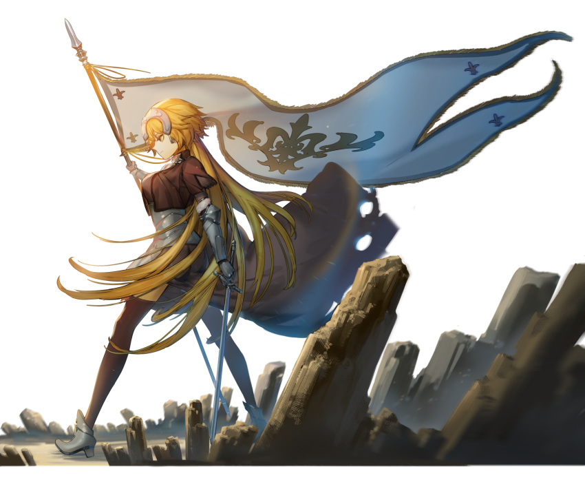 1girl alternate_hairstyle armor armored_dress ashorz bangs black_legwear blonde_hair blue_eyes braid breasts fate/apocrypha fate/grand_order fate_(series) faulds flag full_body gauntlets headpiece highres holding holding_flag holding_sword holding_weapon jeanne_d'arc_(fate) jeanne_d'arc_(fate/apocrypha) large_breasts long_hair looking_at_viewer looking_away plackart single_braid solo sword thigh-highs very_long_hair weapon