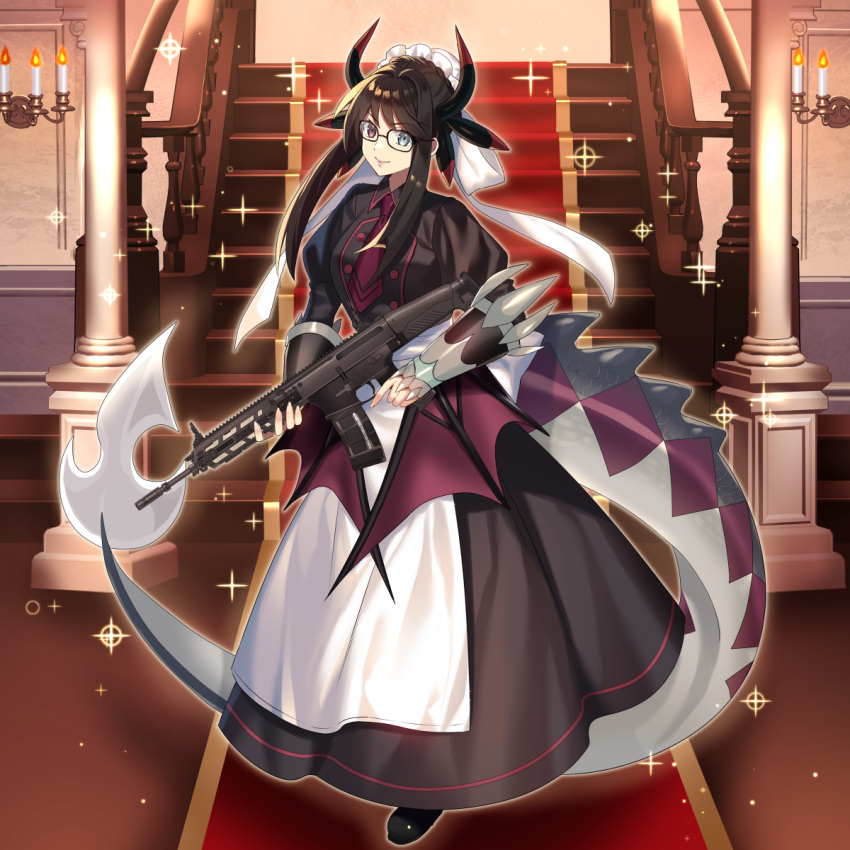 1girl apron black_dress black_hair blue_eyes breasts closed_mouth dragon_girl dragon_tail dress duel_monster full_body fuyuki_(neigedhiver) glasses gun heterochromia highres holding holding_gun holding_weapon horns house_dragonmaid howa_type_20 indoors long_dress maid ponytail red_eyes sidelocks smile solo stairs tail weapon yu-gi-oh!