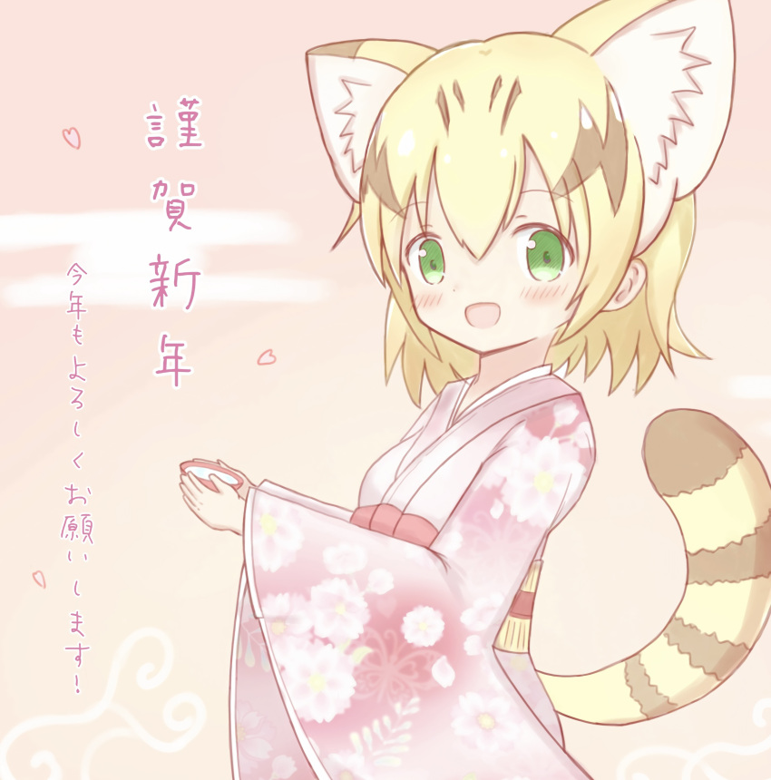 1girl :d absurdres animal_ear_fluff animal_ears black_hair blonde_hair blush cat_ears cat_girl cat_tail commentary_request egasumi floral_print green_eyes highres japanese_clothes kemono_friends kimono long_sleeves multicolored_hair obi pink_kimono print_kimono sand_cat_(kemono_friends) sash smile solo striped_tail sunanuko_(ramuneko) tail translation_request two-tone_hair wide_sleeves