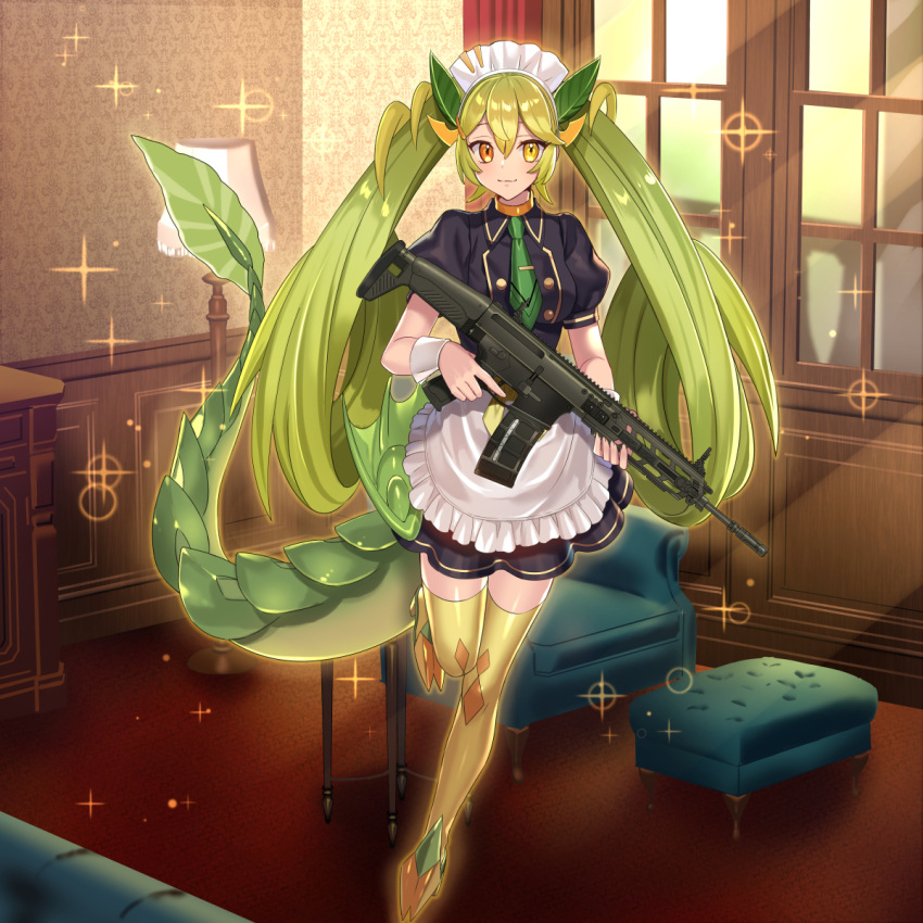 1girl apron black_dress breasts closed_mouth dragon_girl dragon_tail dress duel_monster full_body fuyuki_(neigedhiver) green_hair gun heterochromia highres holding holding_gun holding_weapon howa_type_20 indoors light_smile long_hair maid necktie orange_eyes parlor_dragonmaid short_sleeves solo tail thigh-highs twintails very_long_hair weapon yellow_eyes yu-gi-oh!