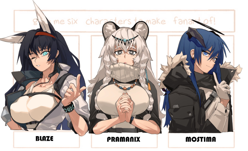 3girls animal_ear_fluff animal_ears arknights bangs black_eyes black_hair black_jacket blaze_(arknights) blue_eyes blue_hair bracelet braid breasts buttons collarbone commentary crop_top cropped_torso crossed_bangs dark_halo english_text eyebrows_visible_through_hair gloves hair_between_eyes hairband half_gloves hand_up highres horns huge_breasts index_finger_raised interlocked_fingers jacket jewelry knifedragon large_breasts light_blue_eyes long_hair mostima_(arknights) multiple_girls necklace one_eye_closed open_clothes open_jacket open_mouth own_hands_together parted_lips pramanix_(arknights) red_hairband slit_pupils upper_body watch white_background white_gloves white_hair white_jacket
