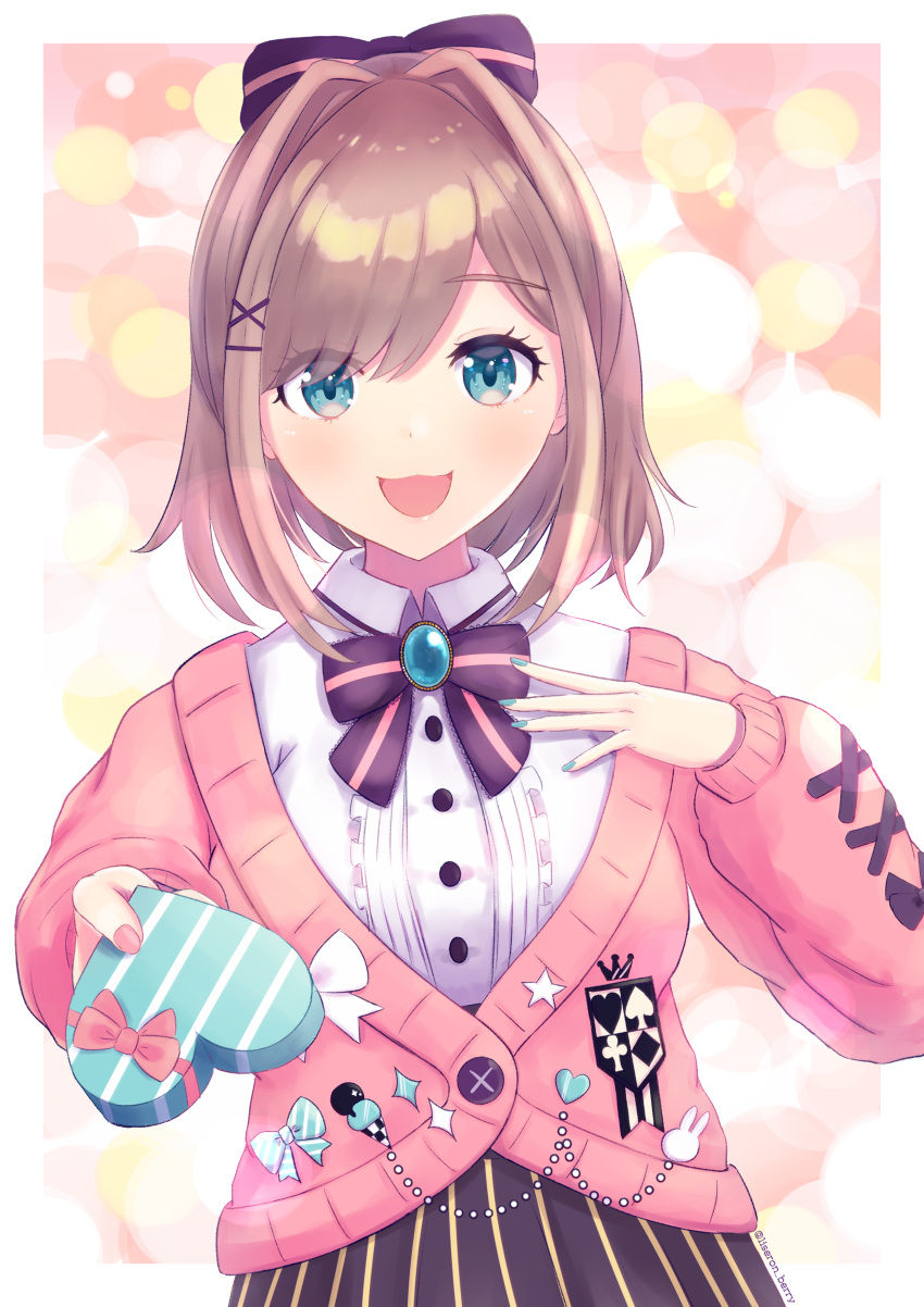 1girl :3 :d absurdres bangs blue_eyes blue_nails bow bowtie box breasts brooch brown_hair center_frills collared_shirt frills hair_bow heart-shaped_box high-waist_skirt highres holding holding_box jewelry lise_imo looking_at_viewer nail_polish nijisanji open_mouth pink_nails shirt skirt smile solo striped striped_skirt suzuhara_lulu valentine virtual_youtuber white_shirt