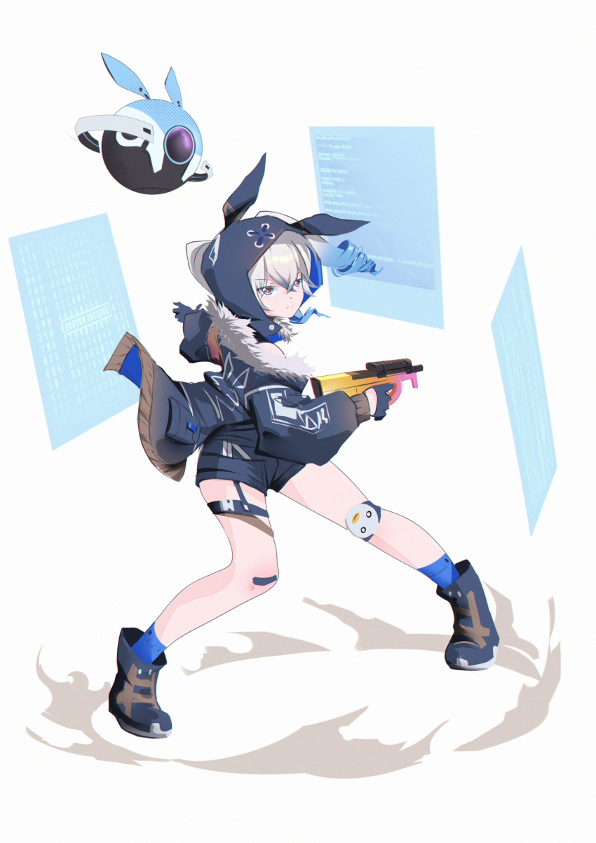 1girl absurdres animal_hood bangs black_gloves black_jacket black_shorts blue_legwear bronya_zaychik bronya_zaychik_(haxxor_bunny) bullpup bunny_hood closed_mouth drill_hair drone full_body gloves grey_eyes grey_hair gun highres holding holding_gun holding_weapon holographic_interface honkai_(series) honkai_impact_3rd hood jacket knee_pads long_sleeves looking_at_viewer p90 qq434787536 shoes shorts simple_background single_knee_pad sneakers solo standing submachine_gun twin_drills weapon white_background