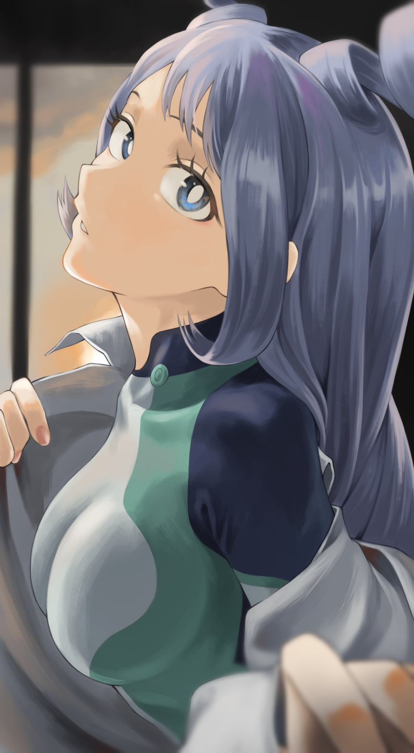 1girl absurdres blue_eyes blue_hair boku_no_hero_academia breasts coat coat_removed collarbone fengling_(furin-jp) from_side hadou_nejire highres large_breasts looking_at_viewer sky solo tight window