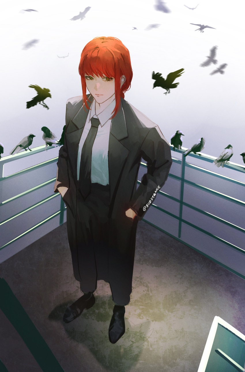 1girl androgynous bangs black_necktie black_pants braid braided_ponytail chainsaw_man collared_shirt formal full_body hands_in_pockets highres long_coat long_hair long_sleeves makima_(chainsaw_man) necktie pants redhead ringed_eyes shirt simple_background solo sudstance suit white_shirt yellow_eyes