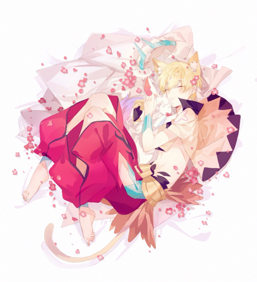 1boy 1girl animal_ears arabian_clothes blonde_hair cat_ears cat_tail creature e_(h798602056) earrings fate/grand_order fate_(series) flower fou_(fate) gilgamesh_(caster)_(fate) gilgamesh_(fate) hat highres jewelry lying red_eyes short_hair sleeping tail tattoo