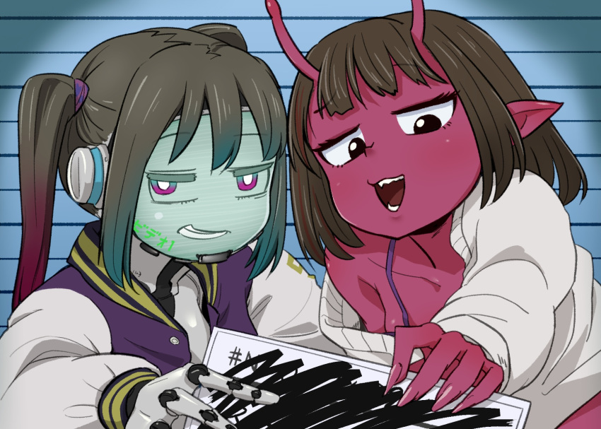 2girls 4shi android antenna_hair bangs black_eyes blue_hair blunt_bangs bright_pupils brown_hair chiharu_(milky_highway) clenched_teeth collarbone colored_skin commentary_request crossed_out fingernails gradient_hair half-closed_eyes highres jacket jersey makina_(milky_highway) mechanical_ears mechanical_hands milky_highway mugshot multicolored_hair multiple_girls off-shoulder_sweater off_shoulder open_clothes open_jacket pointy_ears purple_jacket red_skin redhead sharp_fingernails smug sweater teeth twintails upper_body violet_eyes white_jacket white_pupils white_sweater
