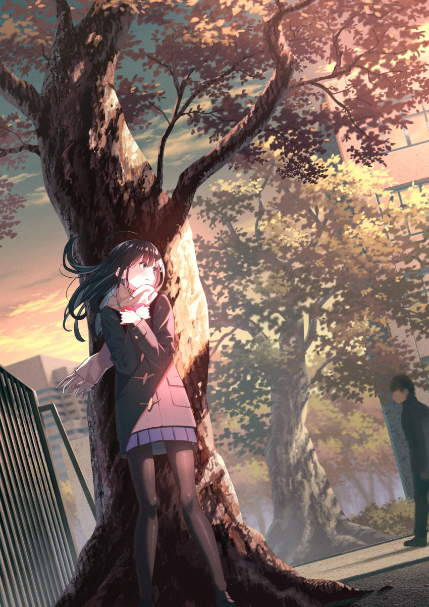1boy 1girl autumn black_hair black_legwear black_skirt candy chocolate coat floating_hair food hand_on_own_chest heart heart-shaped_chocolate highres koh_rd loafers long_hair looking_at_another miniskirt original pantyhose pleated_skirt scarf shoes skirt tree under_tree uniform valentine