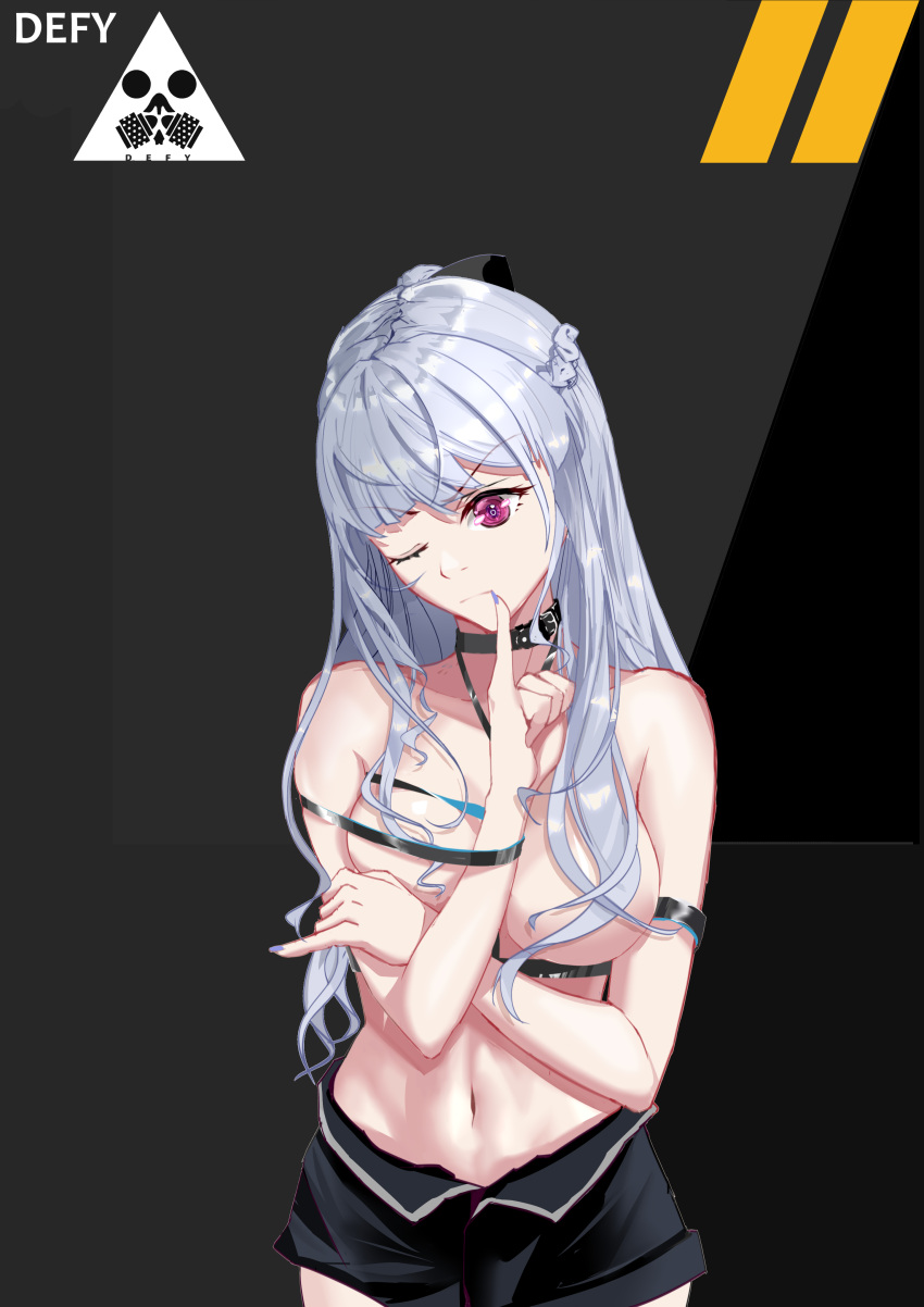 1girl absurdres ak-12_(girls'_frontline) alternate_costume bangs bare_shoulders black_choker black_shorts breasts choker closed_mouth collarbone covered_nipples crossed_arms defy_(girls'_frontline) eyebrows_visible_through_hair feet_out_of_frame finger_to_mouth girls_frontline highres juno-pn6221 long_hair looking_at_viewer medium_breasts nail_polish navel no_bra one_eye_closed ponytail purple_nails shorts silver_hair simple_background solo standing violet_eyes