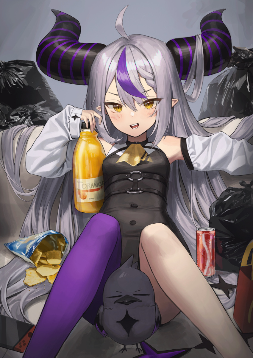 1girl absurdres ahoge armpits bangs bare_shoulders bird black_dress blush bottle can chips convenient_censoring crow_(la+_darknesss) demon_horns detached_sleeves dress feet_out_of_frame food grey_hair hair_between_eyes hair_on_horn highres holding holding_bottle hololive horns la+_darknesss long_hair long_sleeves looking_at_viewer lying multicolored_hair on_back open_mouth orange_juice pointy_ears potato_chips purple_hair purple_legwear reclining silver_hair single_leg_pantyhose single_thighhigh sitting smile smug solo streaked_hair tail thigh-highs trash_bag v-shaped_eyebrows very_long_hair virtual_youtuber xi_xeong yellow_eyes