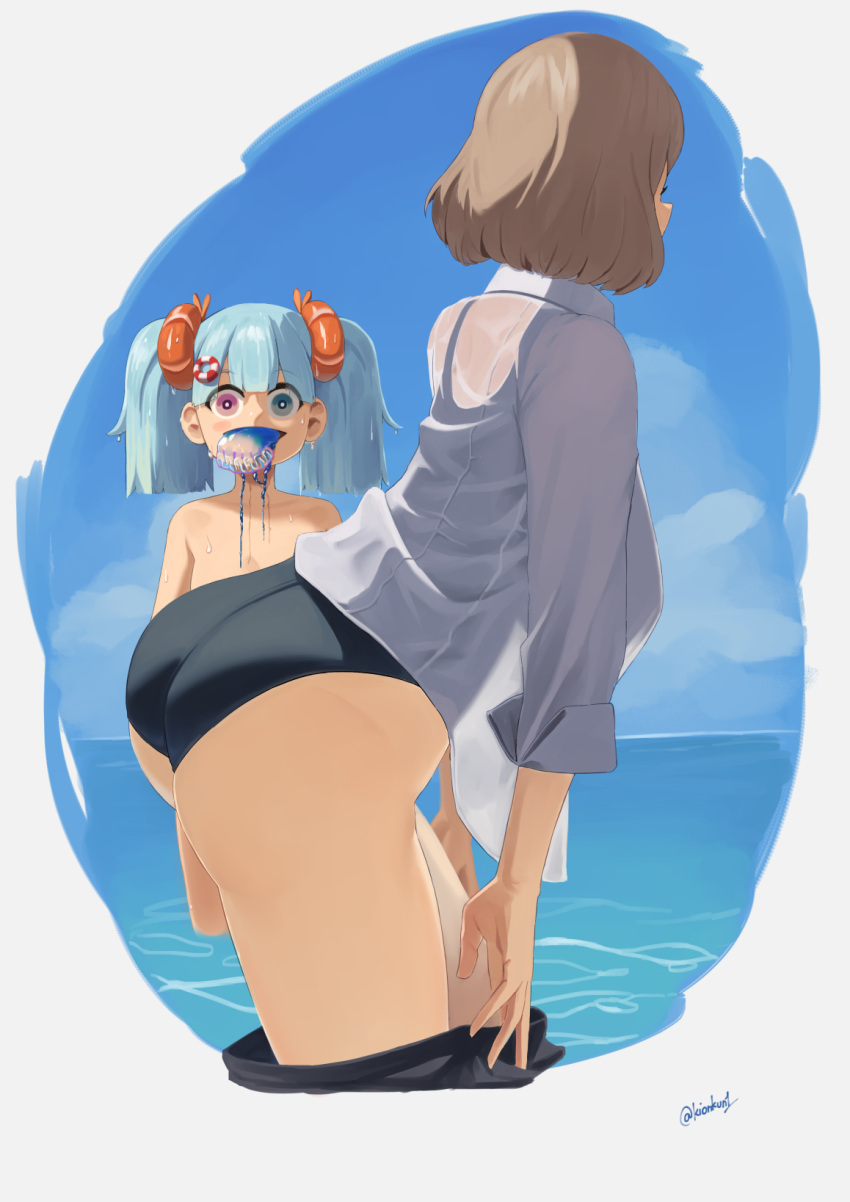 2girls alternate_costume aqua_hair ass back bangs bare_shoulders blue_eyes blue_swimsuit brown_hair competition_swimsuit cropped_legs eyebrows_visible_through_hair girls_frontline heterochromia highres jellyfish kion-kun kord_(girls'_frontline) light_brown_hair looking_at_another looking_at_viewer m1895_cb_(girls'_frontline) multiple_girls on_water one-piece_swimsuit pink_eyes shirt short_hair simple_background standing swimsuit thighs twintails twitter_username wet wet_clothes wet_shirt white_shirt