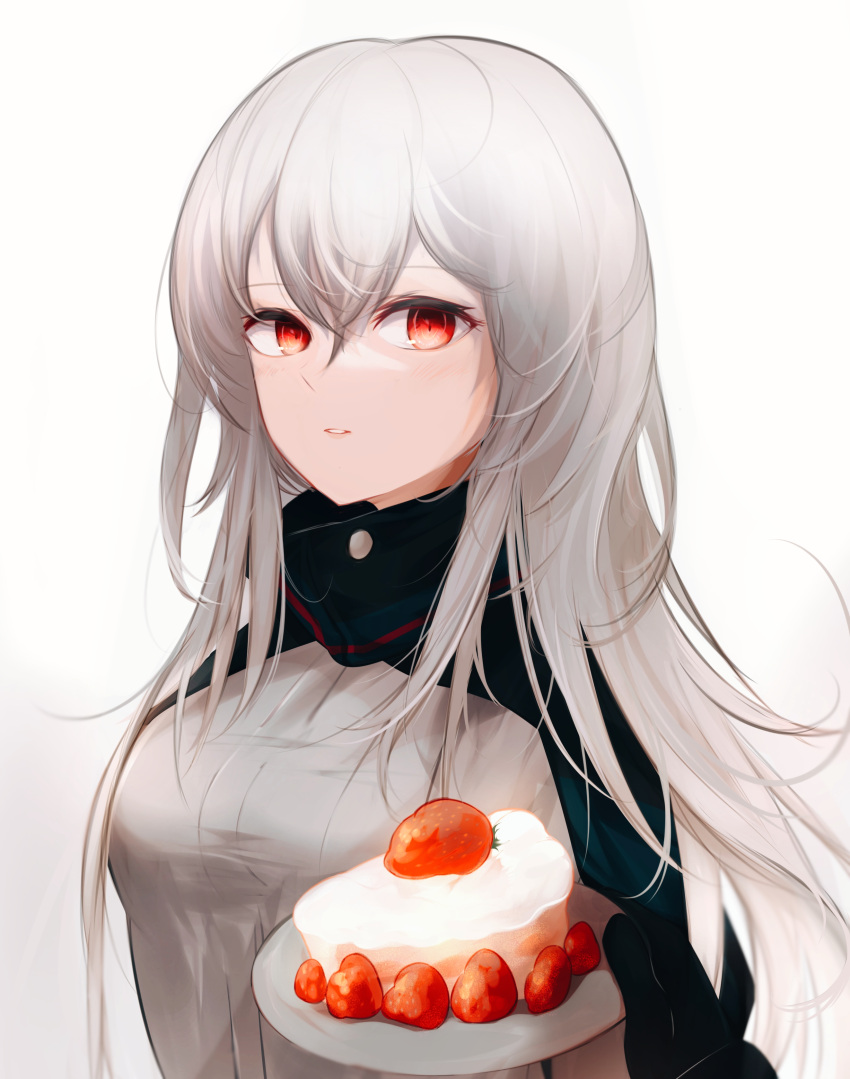1girl 1other absurdres arknights black_gloves cake eyebrows_visible_through_hair food fruit gloves grey_shirt gupipy hair_between_eyes highres holding holding_plate looking_at_viewer out_of_frame parted_lips plate pov pov_hands red_eyes shirt simple_background skadi_(arknights) solo_focus strawberry upper_body white_background