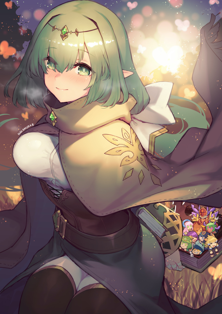 1girl absurdres arm_behind_back belt book breasts circlet cloak closed_mouth commentary cowboy_shot eyebrows_visible_through_hair eyelashes eyes_visible_through_hair gem gold_trim green_eyes green_hair hair_between_eyes highres jewelry long_hair nakamura_eight original outdoors pointy_ears puzzle_&amp;_dragons shiny shiny_hair shirt sitting smile solo_focus sparkle taut_clothes taut_shirt thigh-highs thighs