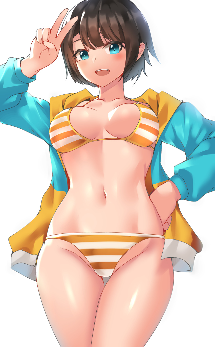1girl :d absurdres bangs bikini black_hair blue_eyes blush breasts clyde_s cowboy_shot groin hand_on_hip hand_up highres hololive jacket looking_at_viewer medium_breasts multicolored_clothes multicolored_jacket navel oozora_subaru open_mouth short_hair simple_background smile solo stomach striped striped_bikini swimsuit teeth thigh_gap thighs two-tone_jacket upper_teeth v white_background
