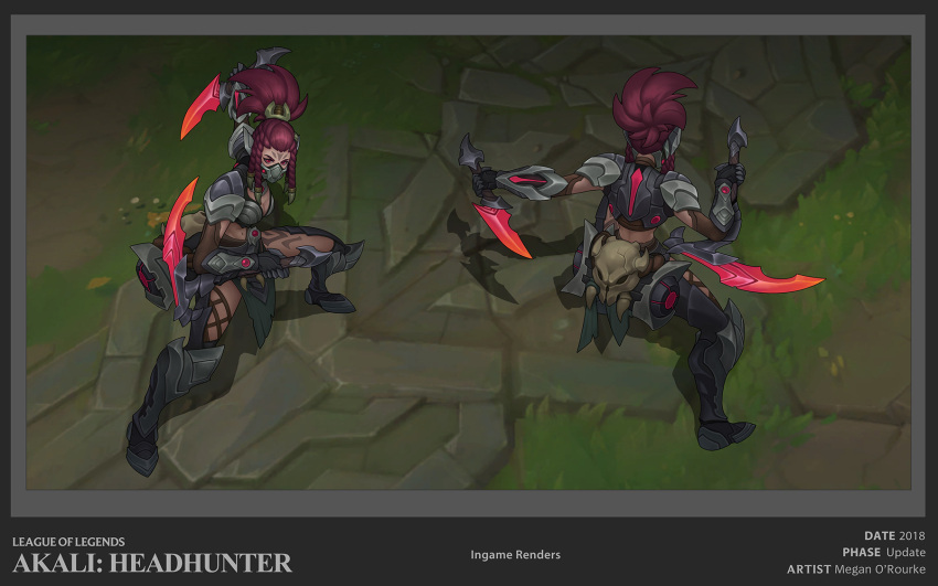 1girl akali armor armored_boots artist_name bangs boots braid breasts dagger forehead_tattoo hair_ornament headhunter_akali highres holding holding_dagger holding_weapon knife league_of_legends long_hair looking_at_viewer mask medium_breasts mouth_mask multiple_views official_alternate_costume redhead standing tattoo vegacolors weapon