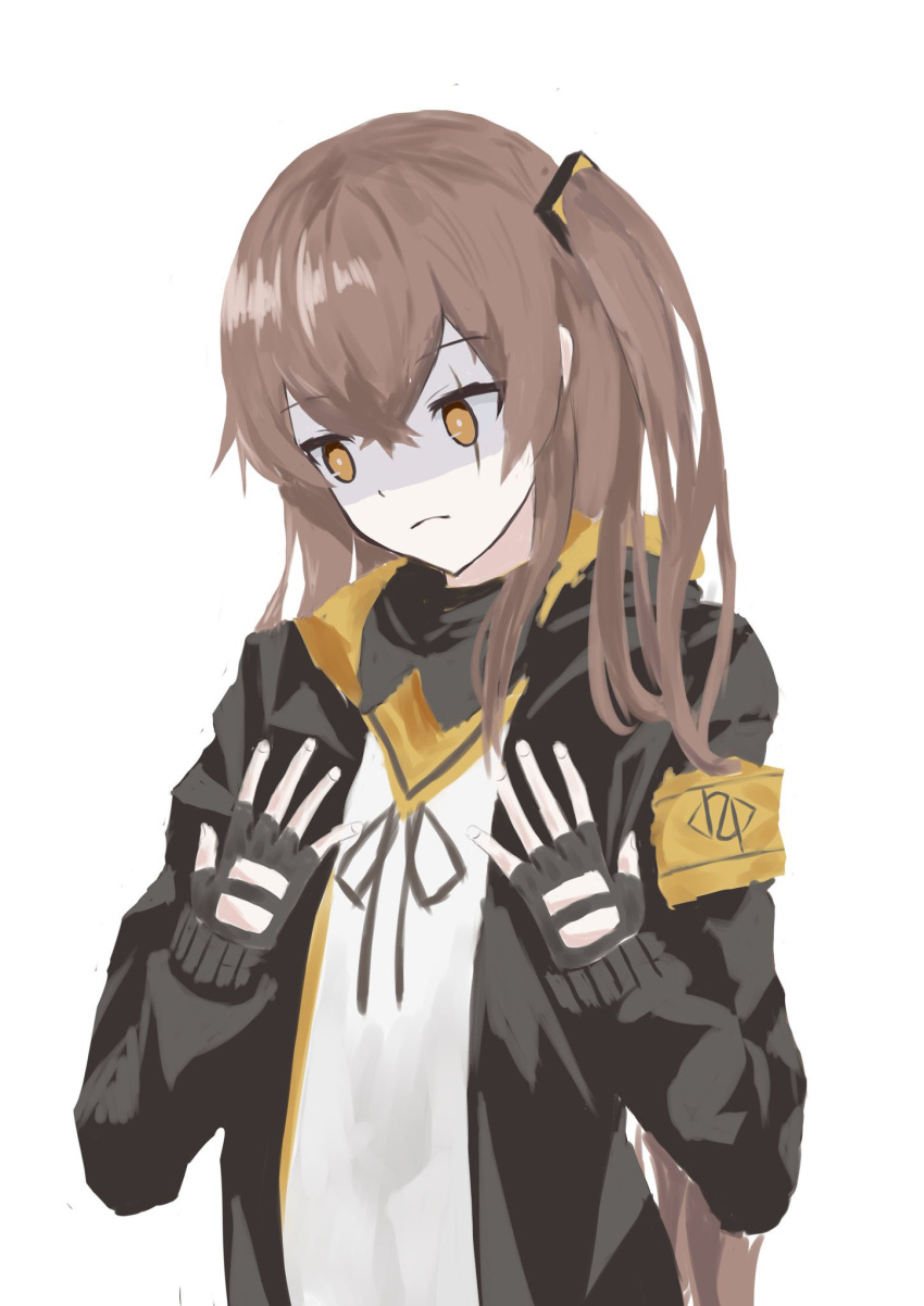 1girl bangs black_gloves black_jacket black_ribbon brown_hair closed_mouth eyebrows_visible_through_hair fingerless_gloves girls_frontline gloves hands_on_own_chest highres jacket light_brown_eyes long_hair looking_down neck_ribbon open_clothes open_jacket ribbon scar scar_across_eye shading_eyes shirt side_ponytail simple_background solo ump45_(girls'_frontline) unhappy upper_body wh1te white_shirt