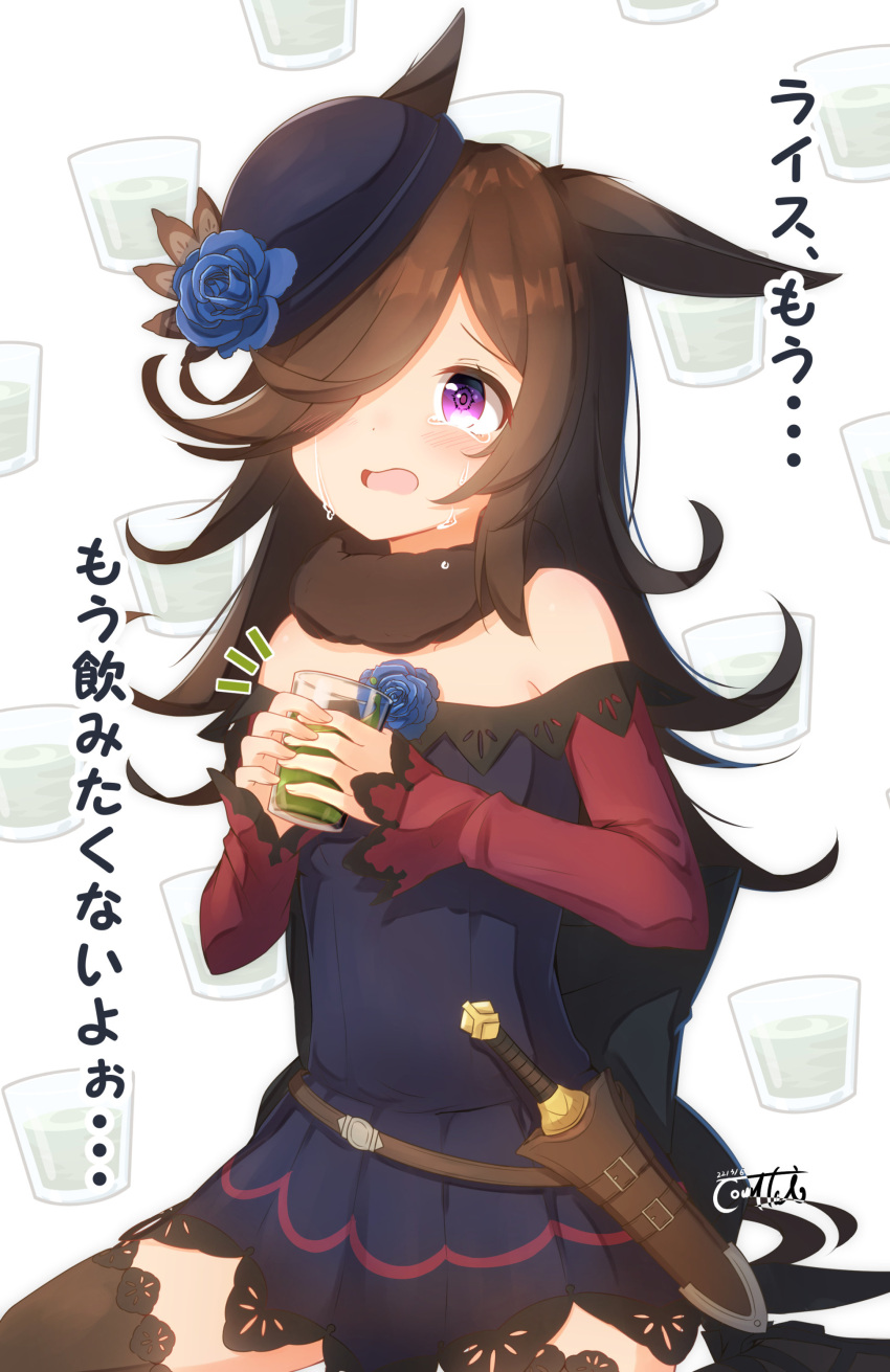 1girl absurdres animal_ears bangs bare_shoulders black_dress black_headwear black_legwear blue_flower blue_rose brown_hair commentary_request coreytaiyo crying crying_with_eyes_open cup dagger dated dress drinking_glass flower hair_over_one_eye hat hat_flower highres holding holding_cup horse_ears horse_girl horse_tail knife long_sleeves notice_lines off-shoulder_dress off_shoulder rice_shower_(umamusume) rose sheath sheathed signature sitting sleeves_past_wrists solo tail tears thigh-highs tilted_headwear translation_request umamusume violet_eyes weapon white_background