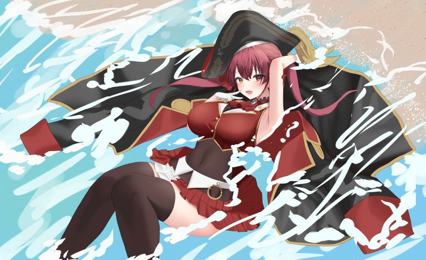 1girl absurdres arm_up armpits blush breasts coat covered_navel gloves hat heterochromia highres hololive houshou_marine large_breasts leotard long_hair looking_at_viewer ming_(user_arcn7324) pirate pirate_hat red_eyes redhead skirt sleeveless solo thigh-highs twintails virtual_youtuber yellow_eyes