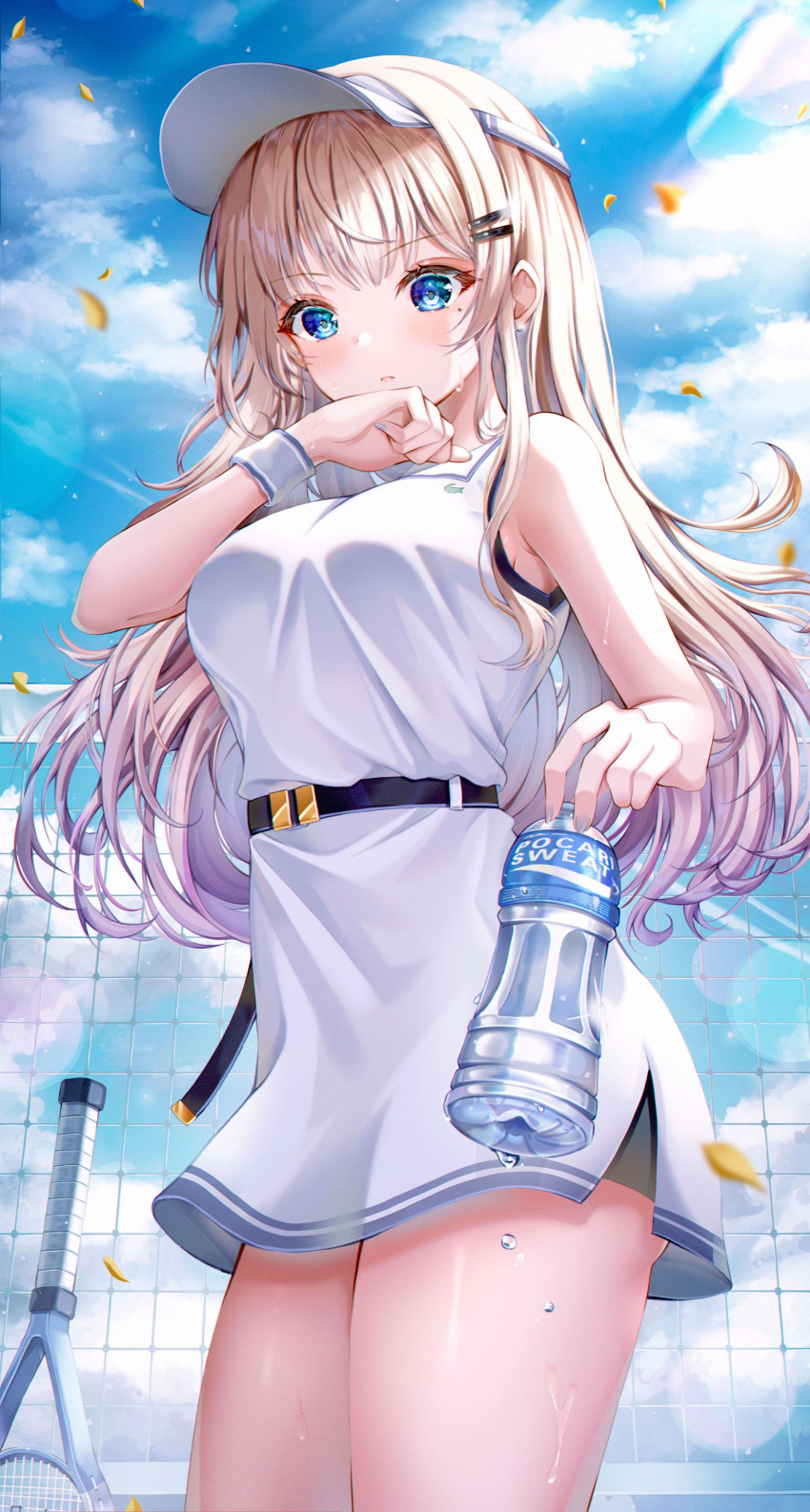 1girl absurdres bare_arms bare_shoulders belt blonde_hair blue_eyes bottle breasts closed_mouth commentary cowboy_shot day dress english_commentary hair_ornament hairclip highres holding long_hair looking_at_viewer medium_breasts mole mole_under_eye original outdoors pocari_sweat racket short_dress sidelocks sleeveless sleeveless_dress solo standing sweat sweatband tennis_net tennis_racket thighs visor_cap water_bottle wet white_dress wol_(wol_927)